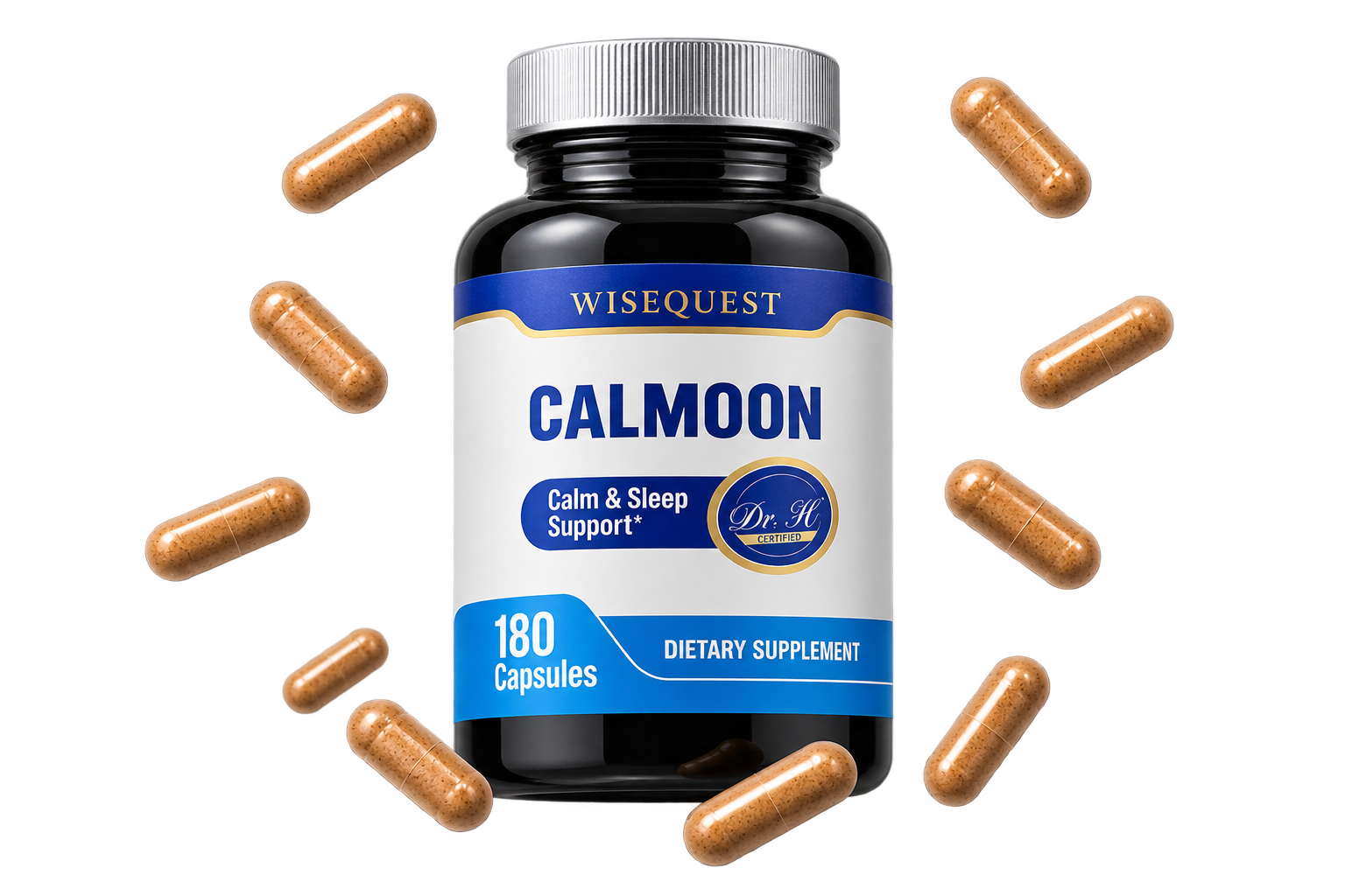 WiseQuest CALMOON bottle with capsules scattered around it