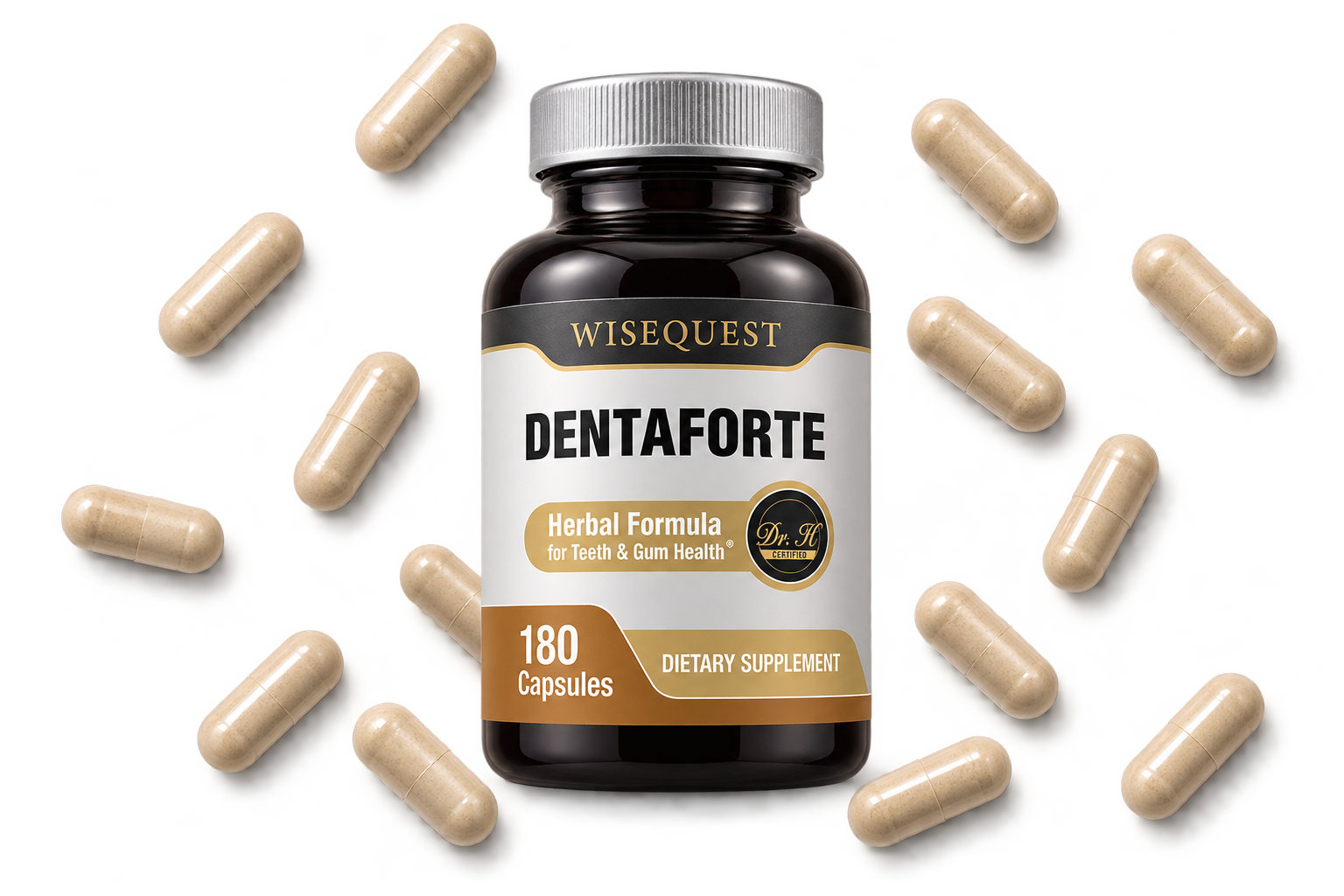 WiseQuest Dentaforte bottle with capsules scattered around it
