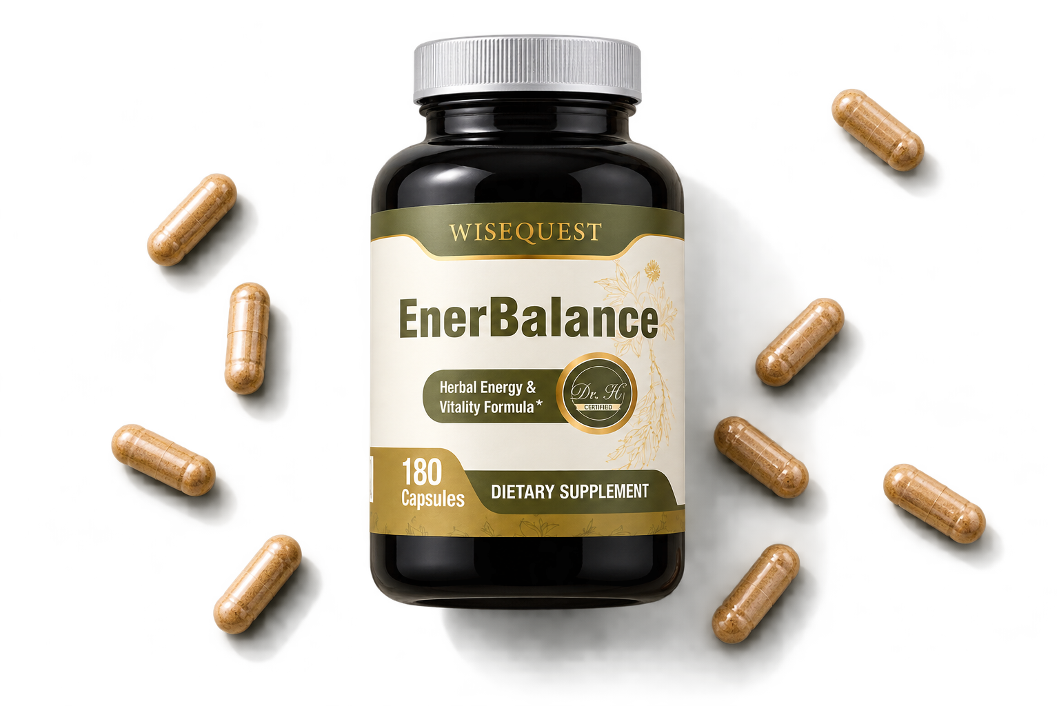 WiseQuest EnerBalance bottle with capsules scattered around it