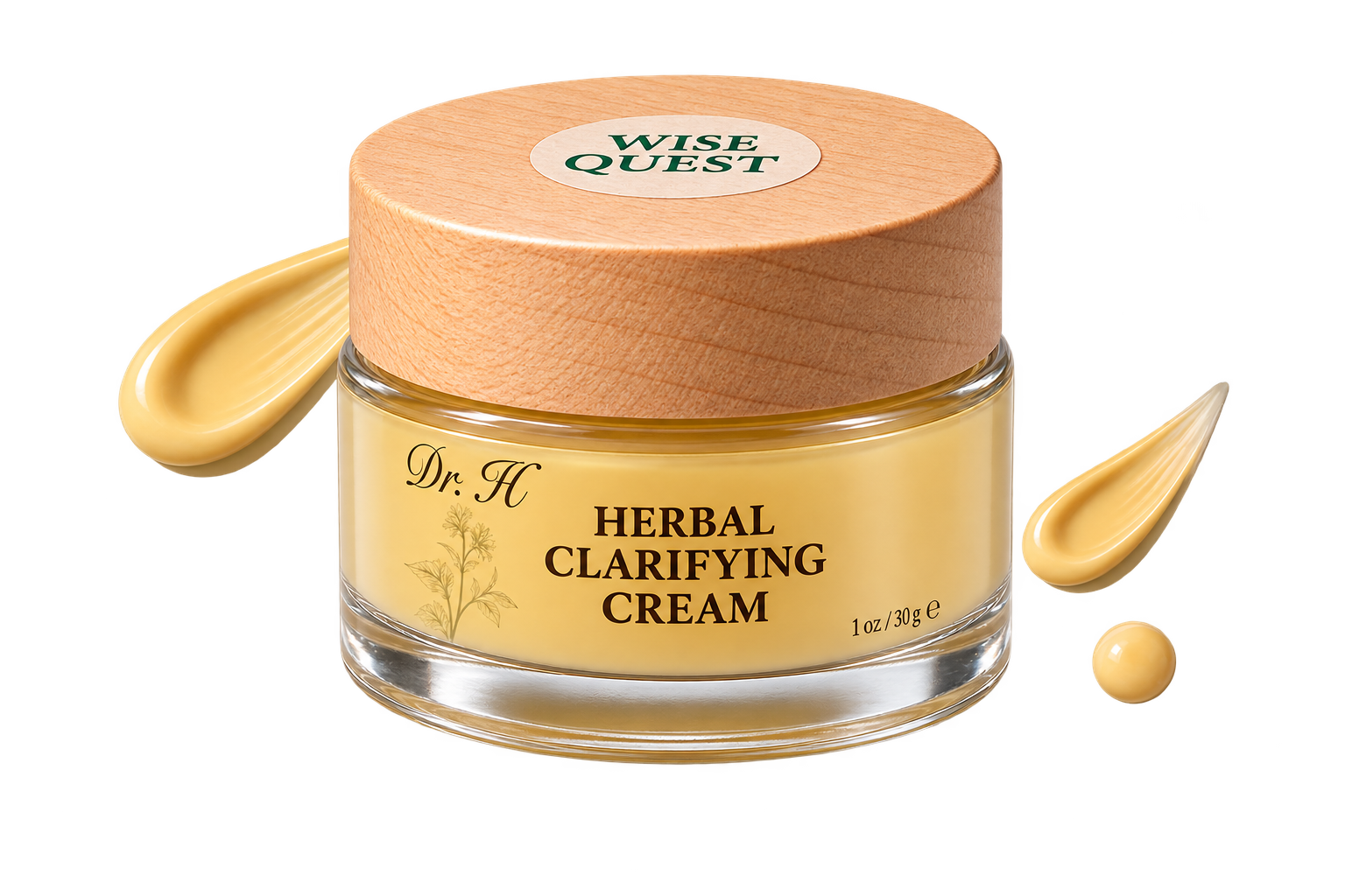 WiseQuest Herbal Clarifying Cream jar beside cream swatches