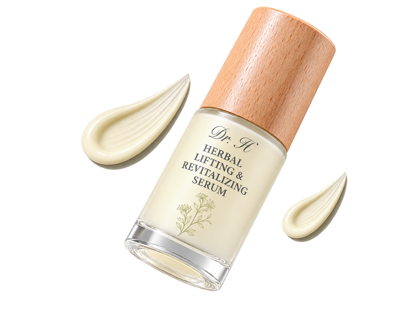 WiseQuest Herbal Lifting & Revitalizing Serum bottle beside serum swatches