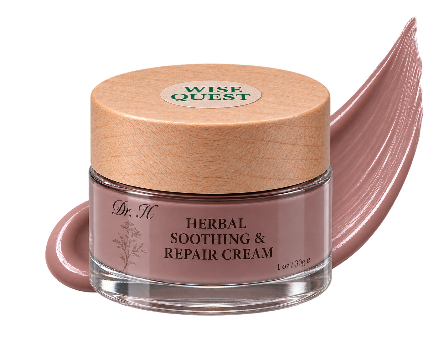 WiseQuest Herbal Soothing & Repair Cream jar beside a cream swatch