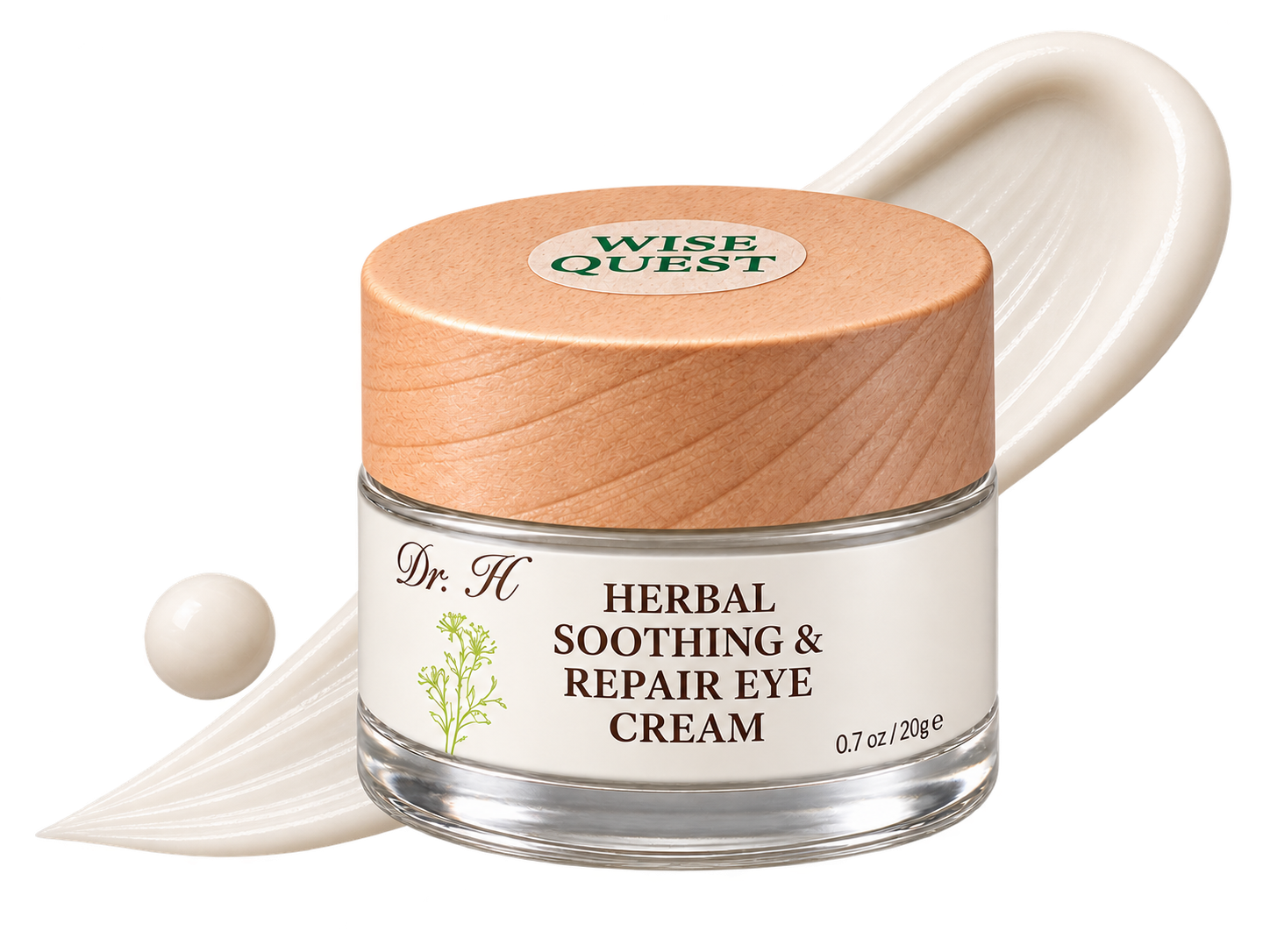 WiseQuest Herbal Soothing & Repair Eye Cream jar beside a cream swatch