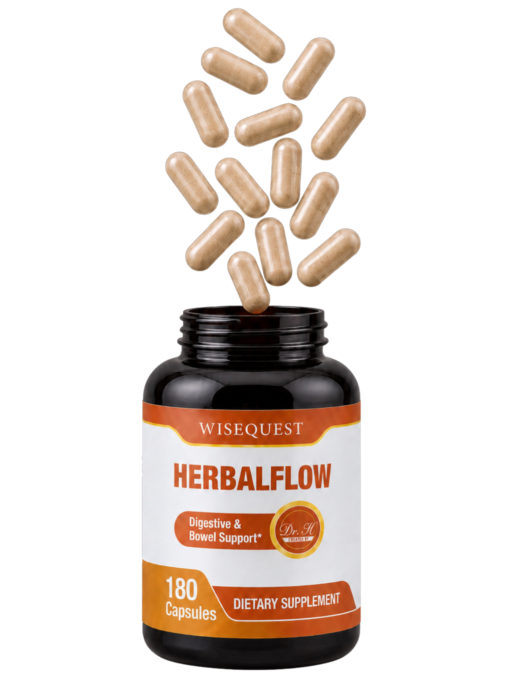 WiseQuest HERBALFLOW bottle open, capsules pouring out