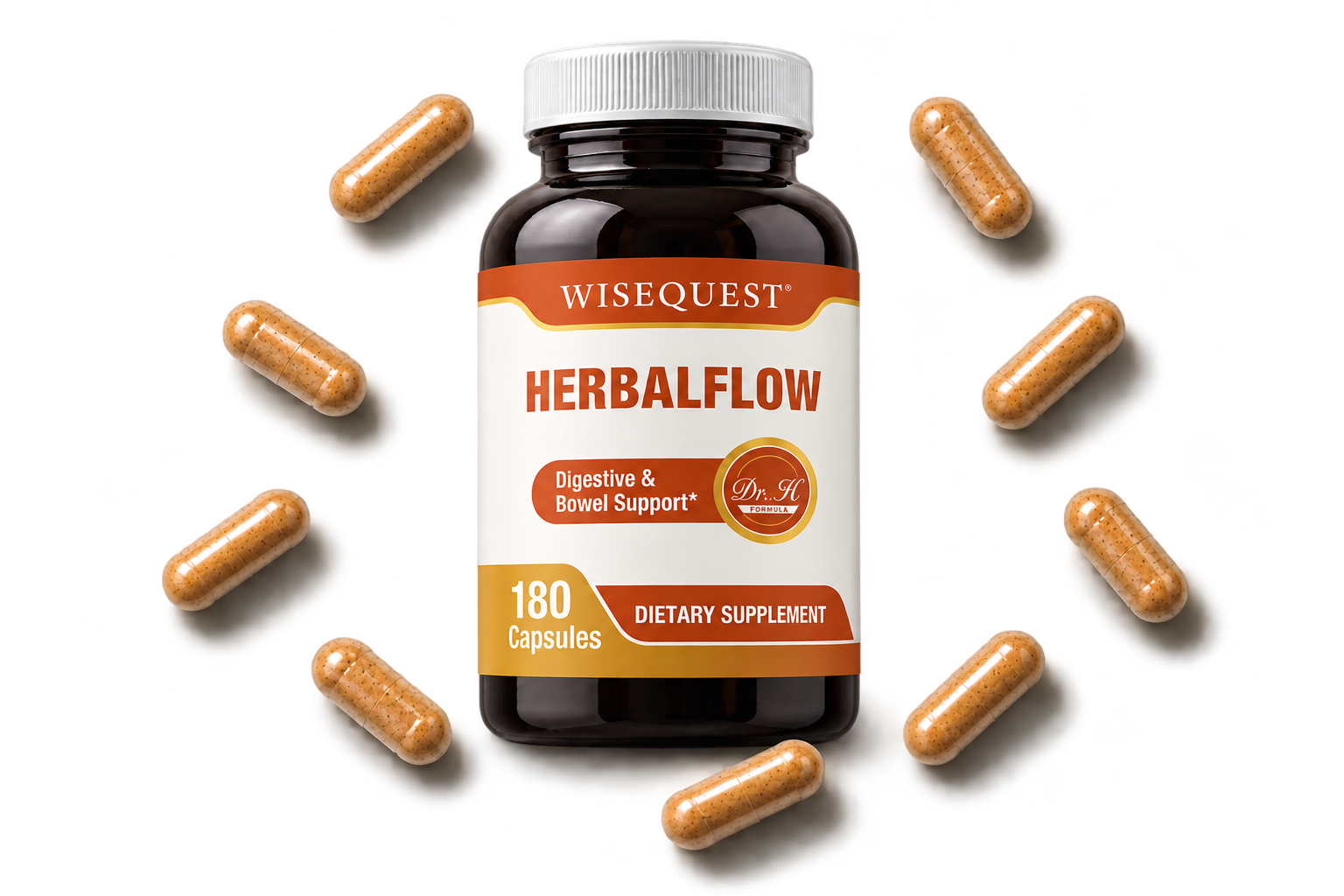 WiseQuest HERBALFLOW bottle with capsules scattered around it