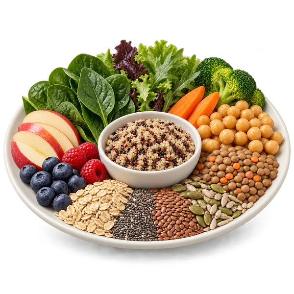 A plate of high-fibre vegetables, fruit, pulses and grains