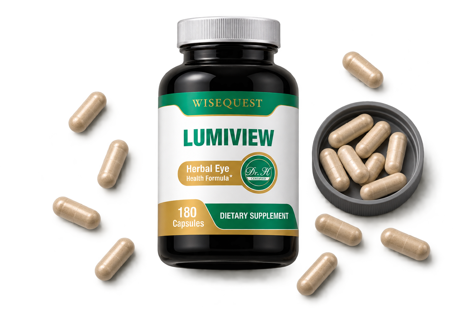 WiseQuest LUMIVIEW bottle with capsules scattered around it